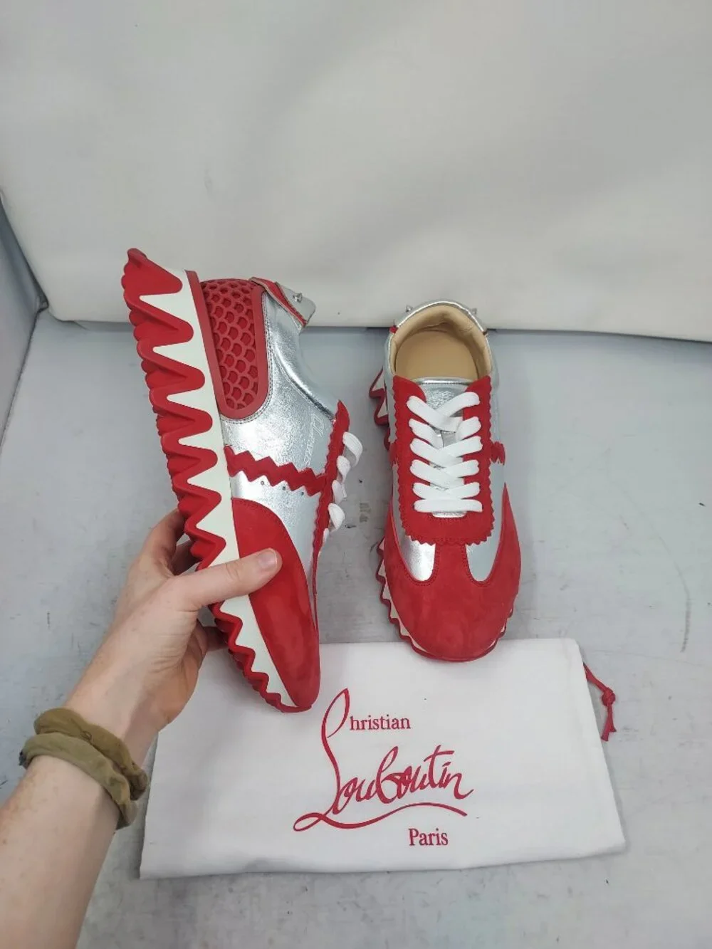 CHRISTIAN LOUBOUTIN MENS Loubishark Red Silver Low Top Sneaker